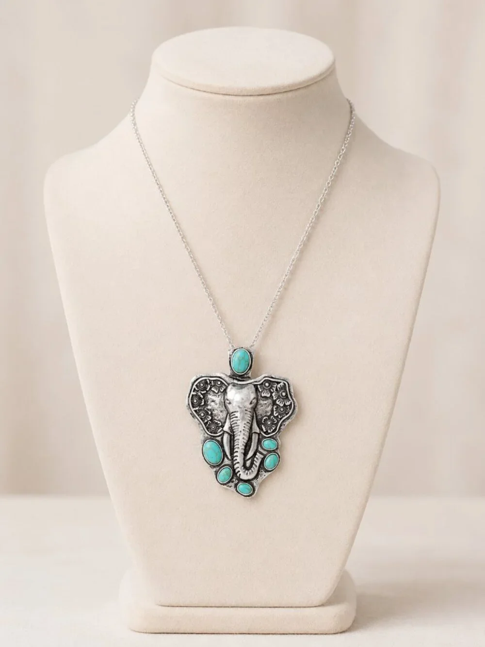 Silver Elephant Pendant Turquoise Stone Western Cowgirl Boho